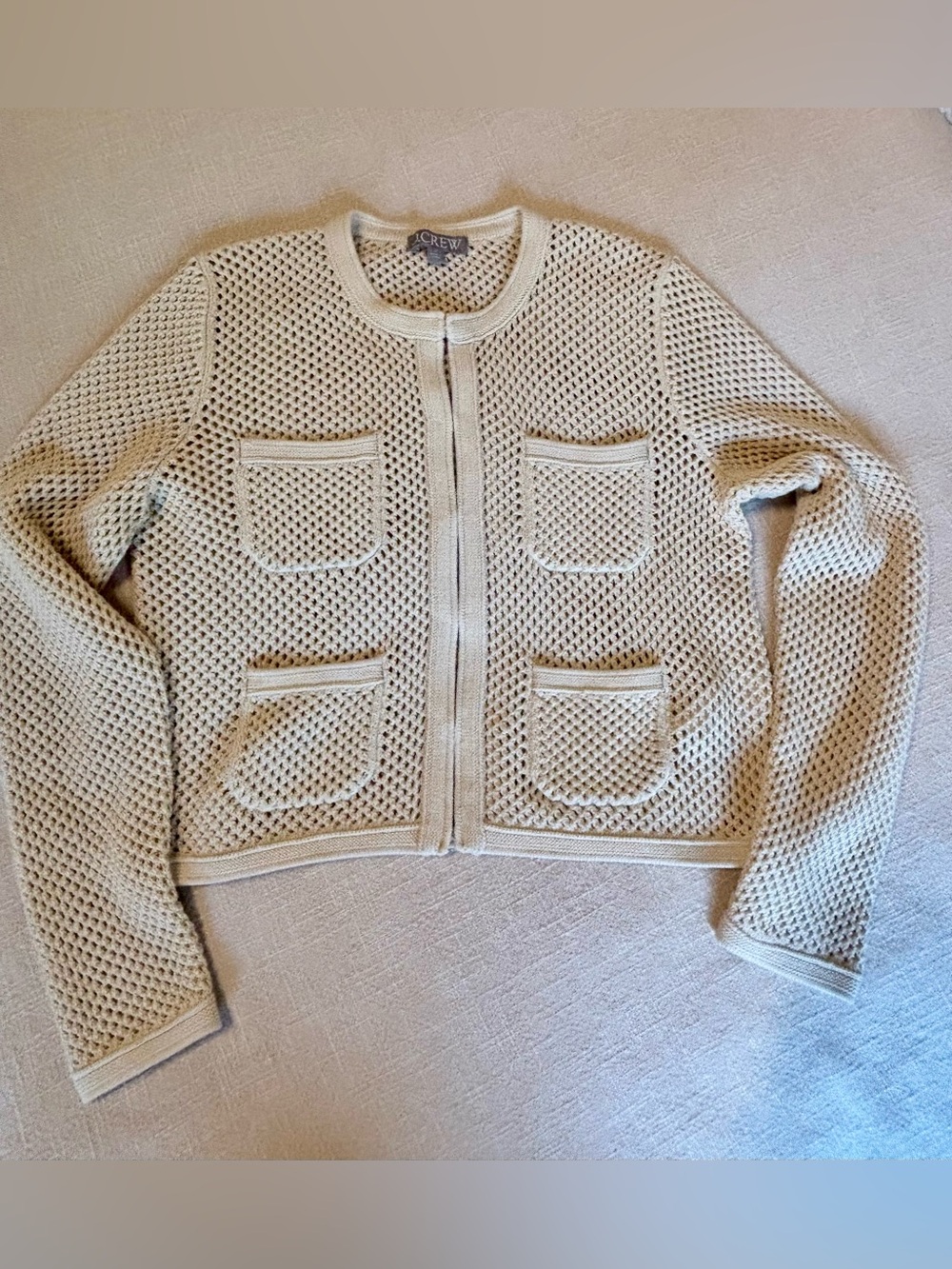 J. Crew Open Pointelle-Stitch Cardigan, size Small in color Warm Sesame. - Picture 4 of 7